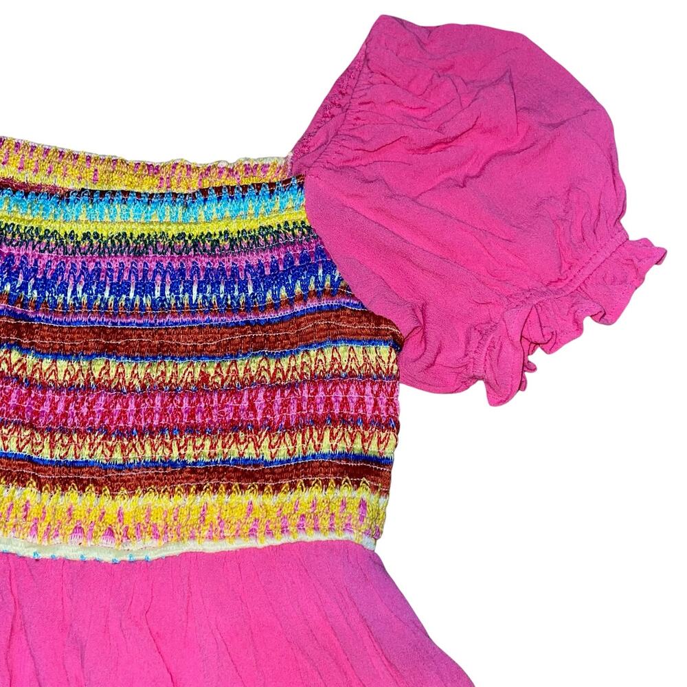 Mini Dress Pink Fit & Flare Smocked Puff Sleeve - Picture 7 of 11
